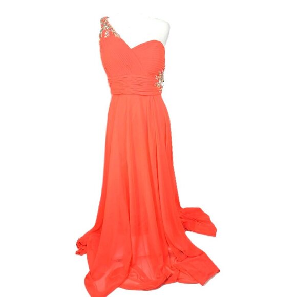 Xscape Neon Orange Venus One Shoulder Embellished Long Gown Dress - Picture 1 of 9